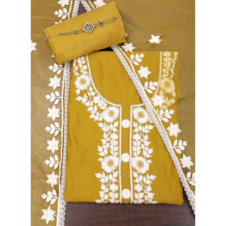 SALWAR STUDIO Mustard Silk Embroidered Chikankari Unstitched Dress Material (Set of 3)