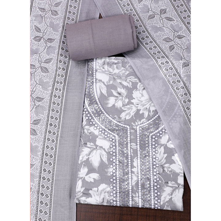 SALWAR STUDIO Grey Cotton Floral Thread Work Unstitched Dress Material (Set of 3)