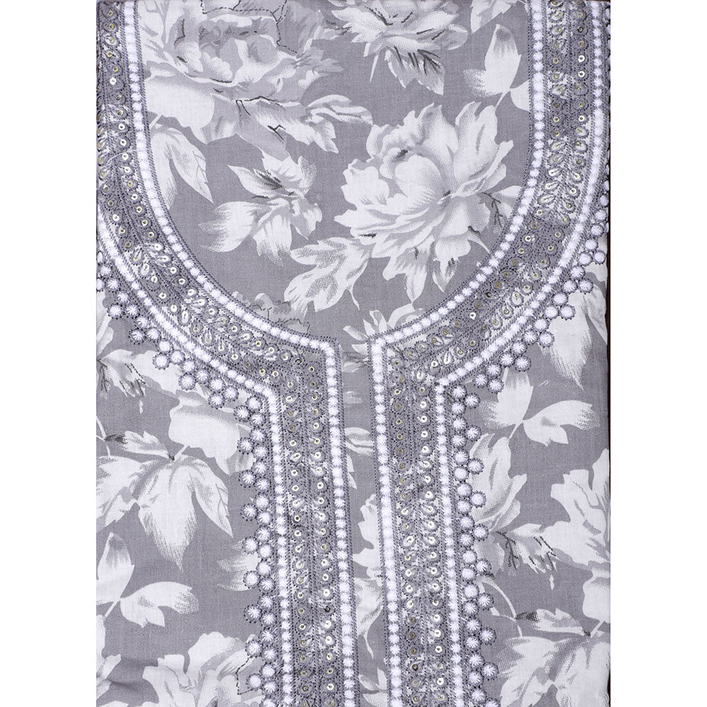 SALWAR STUDIO Grey Cotton Floral Thread Work Unstitched Dress Material (Set of 3)