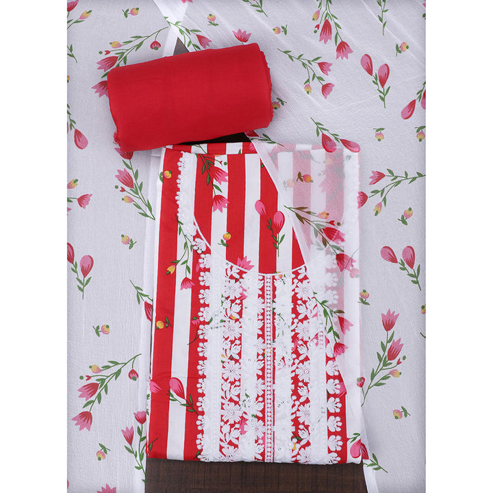 SALWAR STUDIO Red Cotton Stripes Thread Work Unstitched Dress Material (Set of 3)