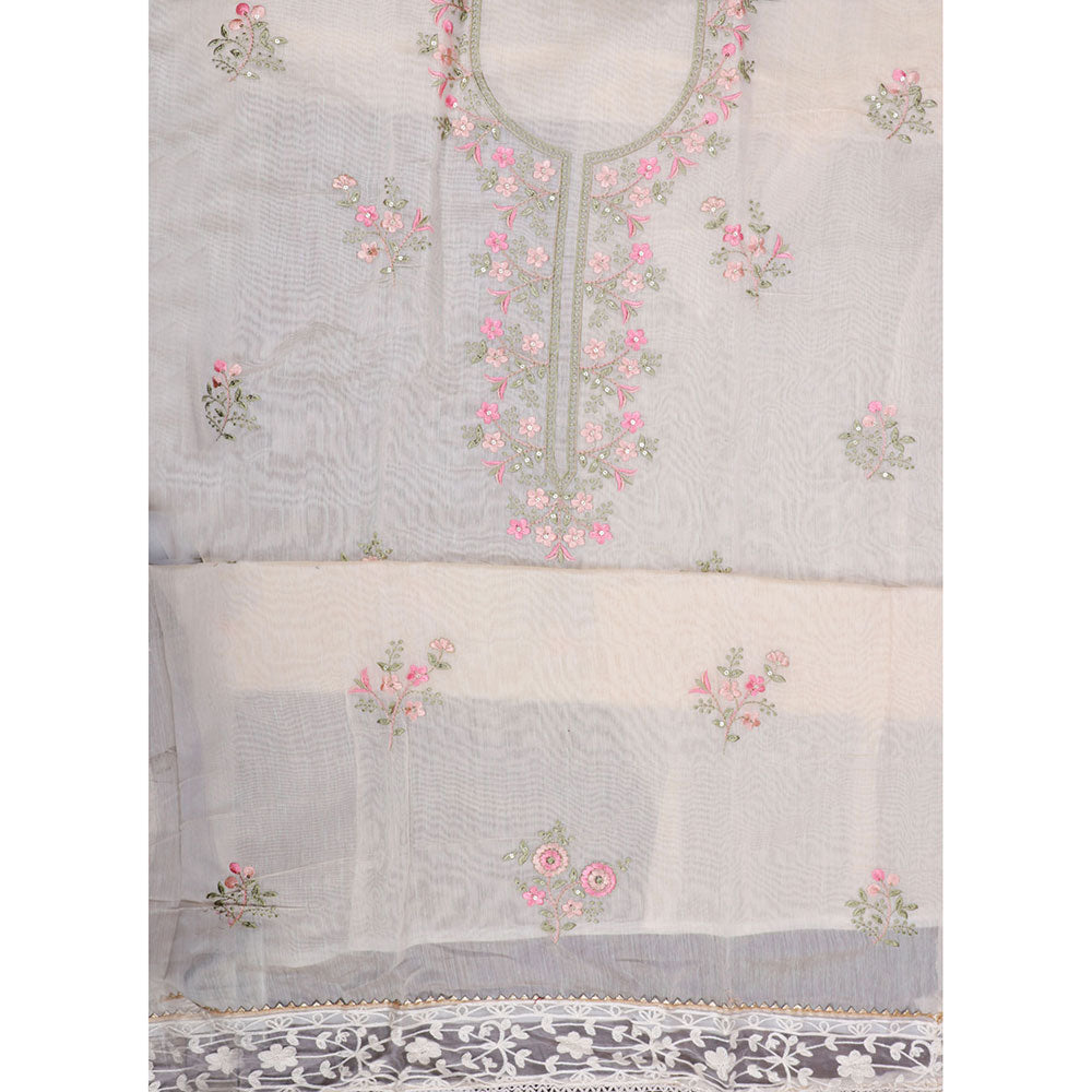 SALWAR STUDIO Beige Tissue Embroidered Thread Work Unstitched Dress Material (Set of 3)