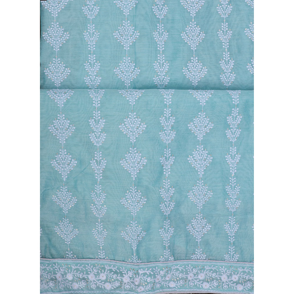 SALWAR STUDIO Blue Tissue Embroidered Thread Work Unstitched Dress Material (Set of 3)