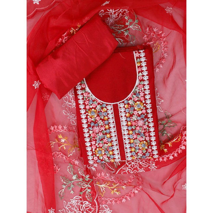 SALWAR STUDIO Red Tissue Embroidered Thread Work Unstitched Dress Material (Set of 3)