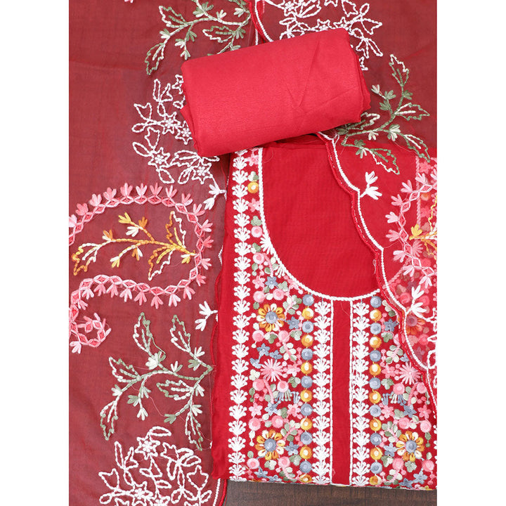 SALWAR STUDIO Red Tissue Embroidered Thread Work Unstitched Dress Material (Set of 3)