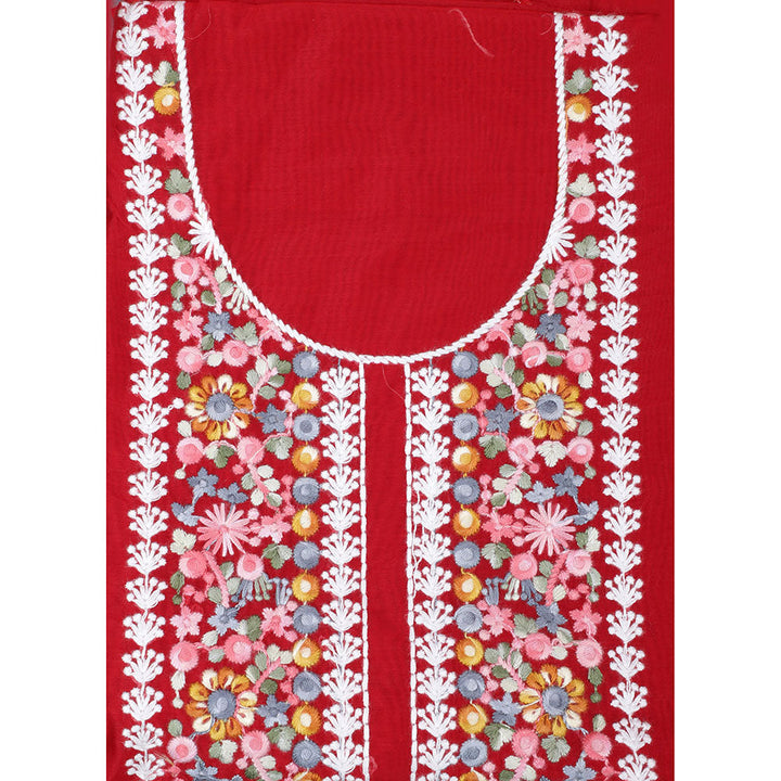 SALWAR STUDIO Red Tissue Embroidered Thread Work Unstitched Dress Material (Set of 3)