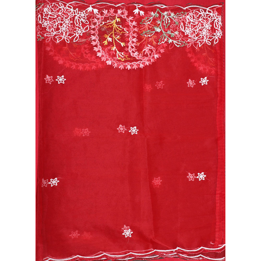 SALWAR STUDIO Red Tissue Embroidered Thread Work Unstitched Dress Material (Set of 3)