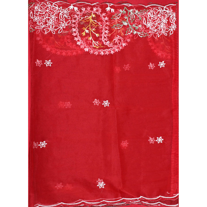 SALWAR STUDIO Red Tissue Embroidered Thread Work Unstitched Dress Material (Set of 3)