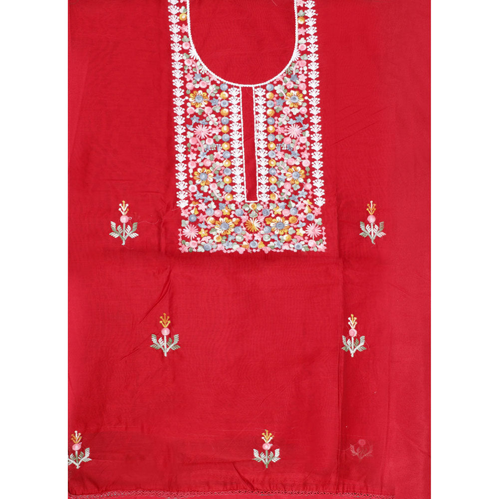 SALWAR STUDIO Red Tissue Embroidered Thread Work Unstitched Dress Material (Set of 3)