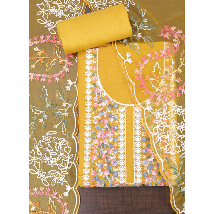 SALWAR STUDIO Mustard Tissue Embroidered Thread Work Unstitched Dress Material (Set of 3)