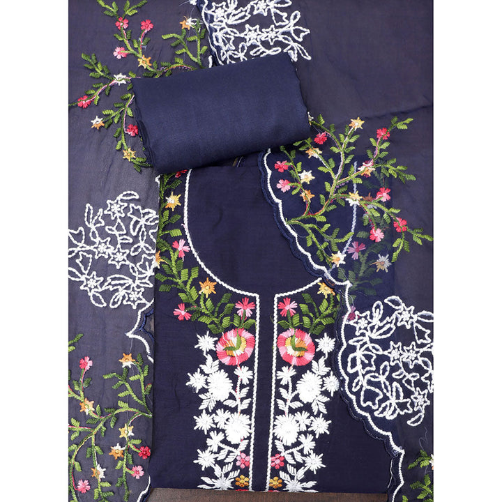 SALWAR STUDIO Navy Blue Tissue Embroidered Thread Work Unstitched Dress Material (Set of 3)