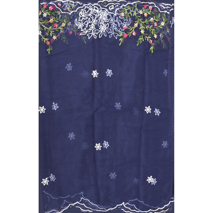 SALWAR STUDIO Navy Blue Tissue Embroidered Thread Work Unstitched Dress Material (Set of 3)