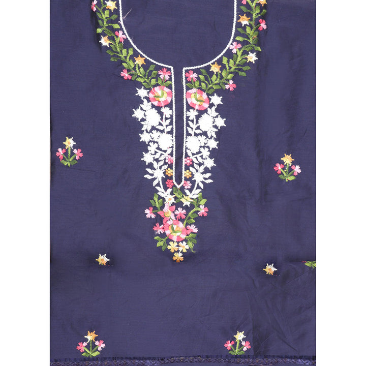 SALWAR STUDIO Navy Blue Tissue Embroidered Thread Work Unstitched Dress Material (Set of 3)