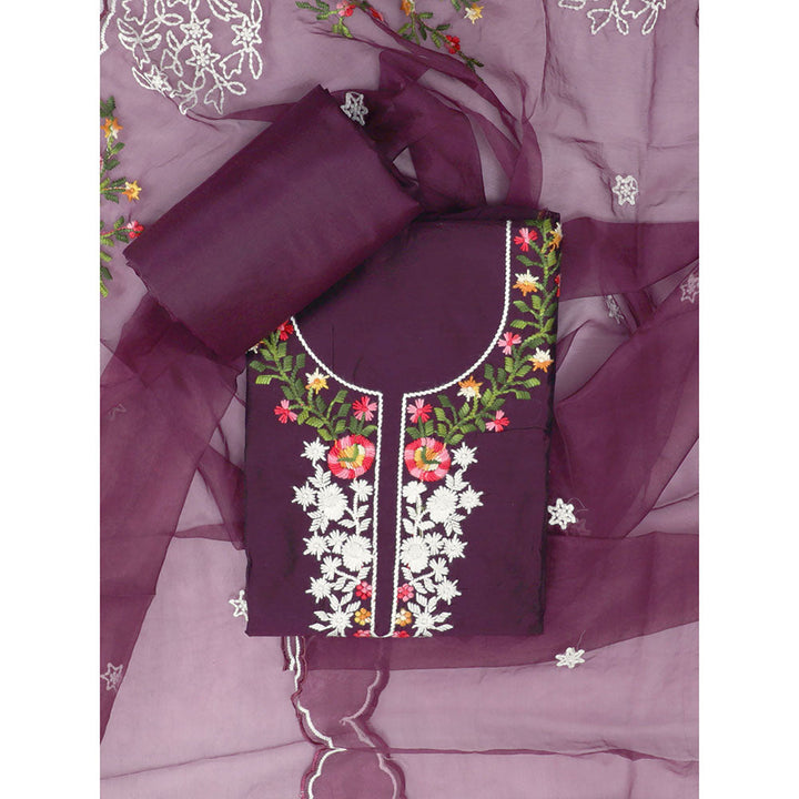 SALWAR STUDIO Purple Tissue Embroidered Thread Work Unstitched Dress Material (Set of 3)