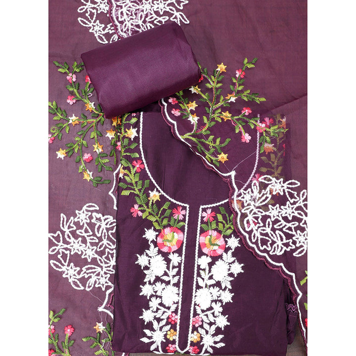 SALWAR STUDIO Purple Tissue Embroidered Thread Work Unstitched Dress Material (Set of 3)