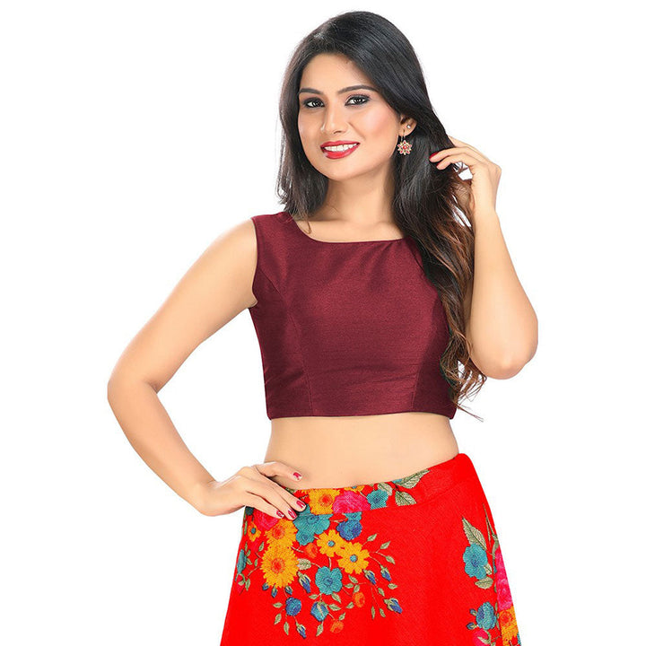 SALWAR STUDIO Maroon Solid Boat Neck Stitched Blouse