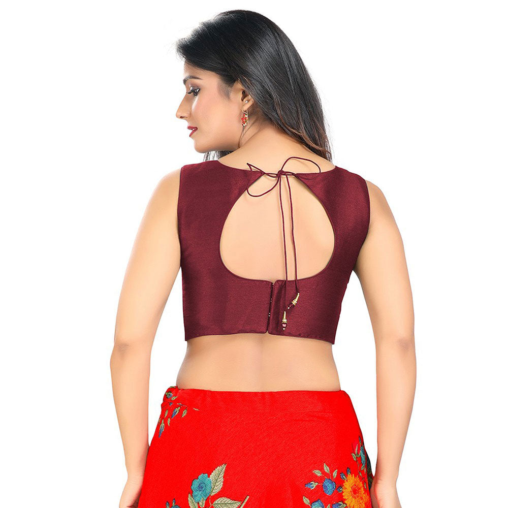 SALWAR STUDIO Maroon Solid Boat Neck Stitched Blouse