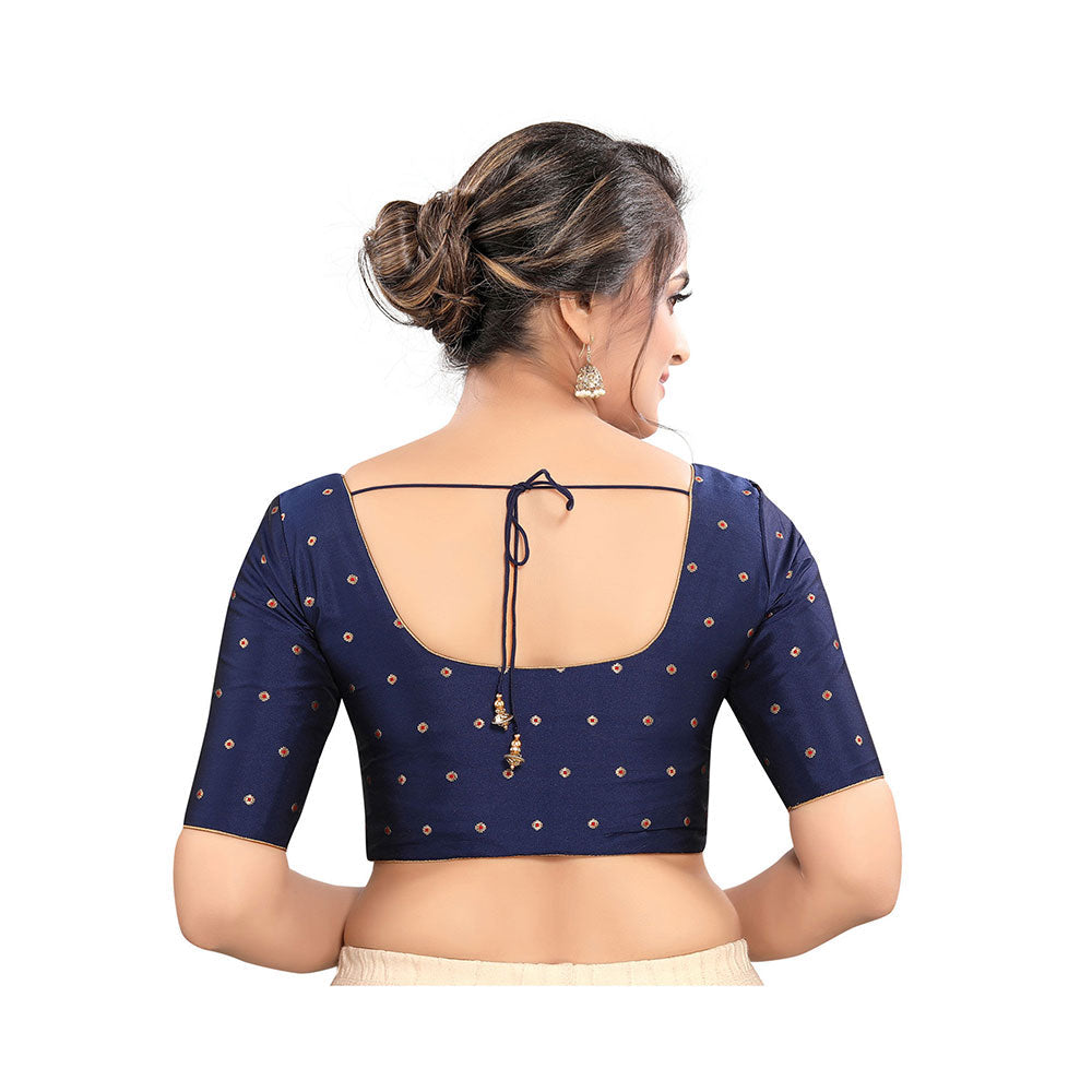 SALWAR STUDIO Navy Blue Woven Round Neck Stitched Blouse