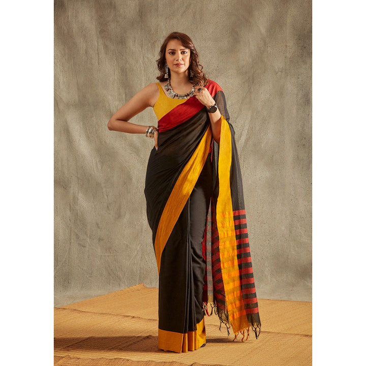 SALWAR STUDIO Black Solid Cotton Solid Saree Without Blouse