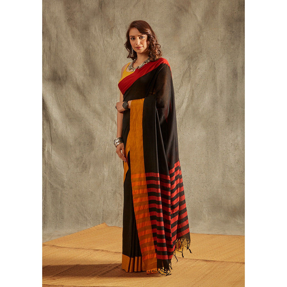 SALWAR STUDIO Black Solid Cotton Solid Saree Without Blouse