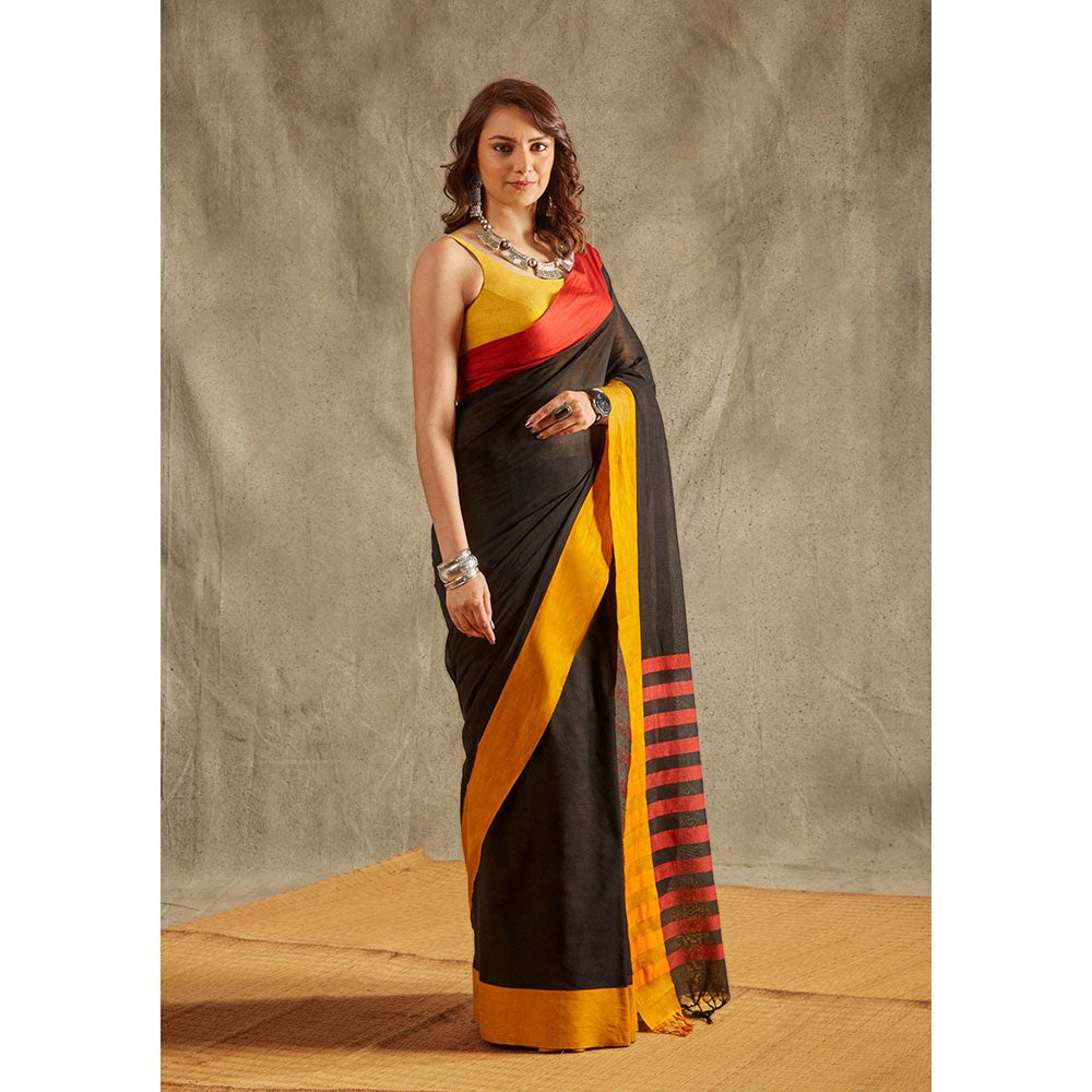 SALWAR STUDIO Black Solid Cotton Solid Saree Without Blouse