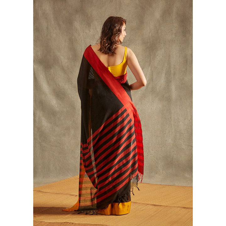 SALWAR STUDIO Black Solid Cotton Solid Saree Without Blouse