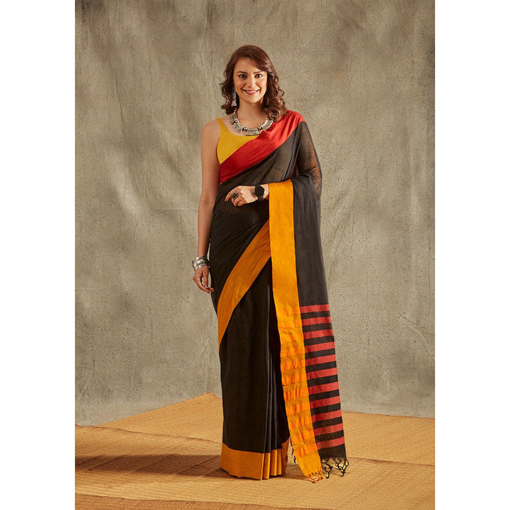 SALWAR STUDIO Black Solid Cotton Solid Saree Without Blouse