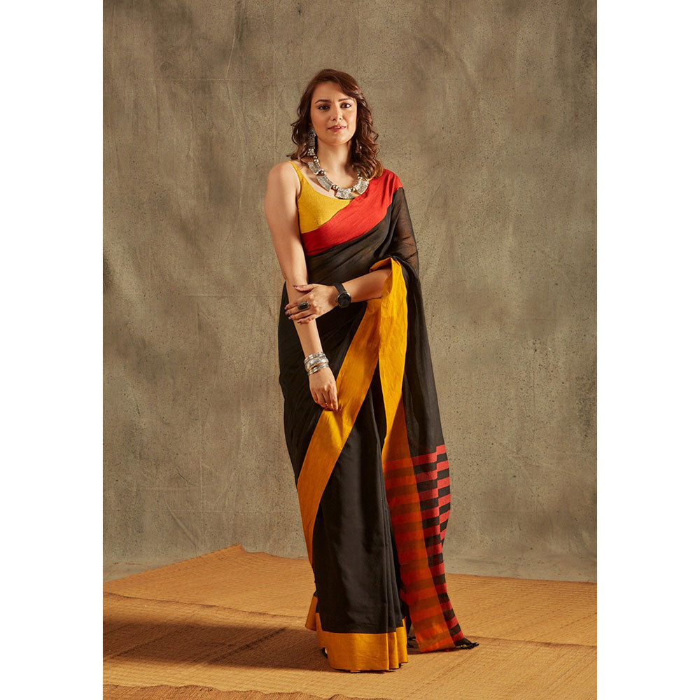 SALWAR STUDIO Black Solid Cotton Solid Saree Without Blouse