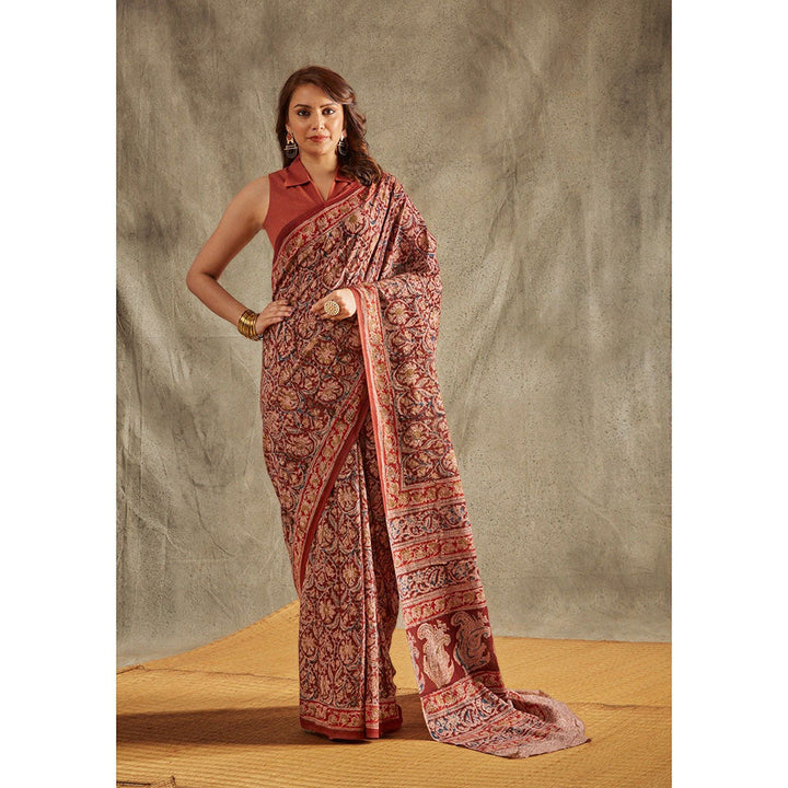 SALWAR STUDIO Maroon Cotton Kalamkari Printed Saree Without Blouse