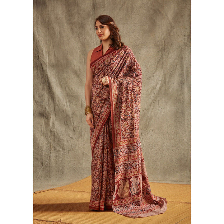 SALWAR STUDIO Maroon Cotton Kalamkari Printed Saree Without Blouse