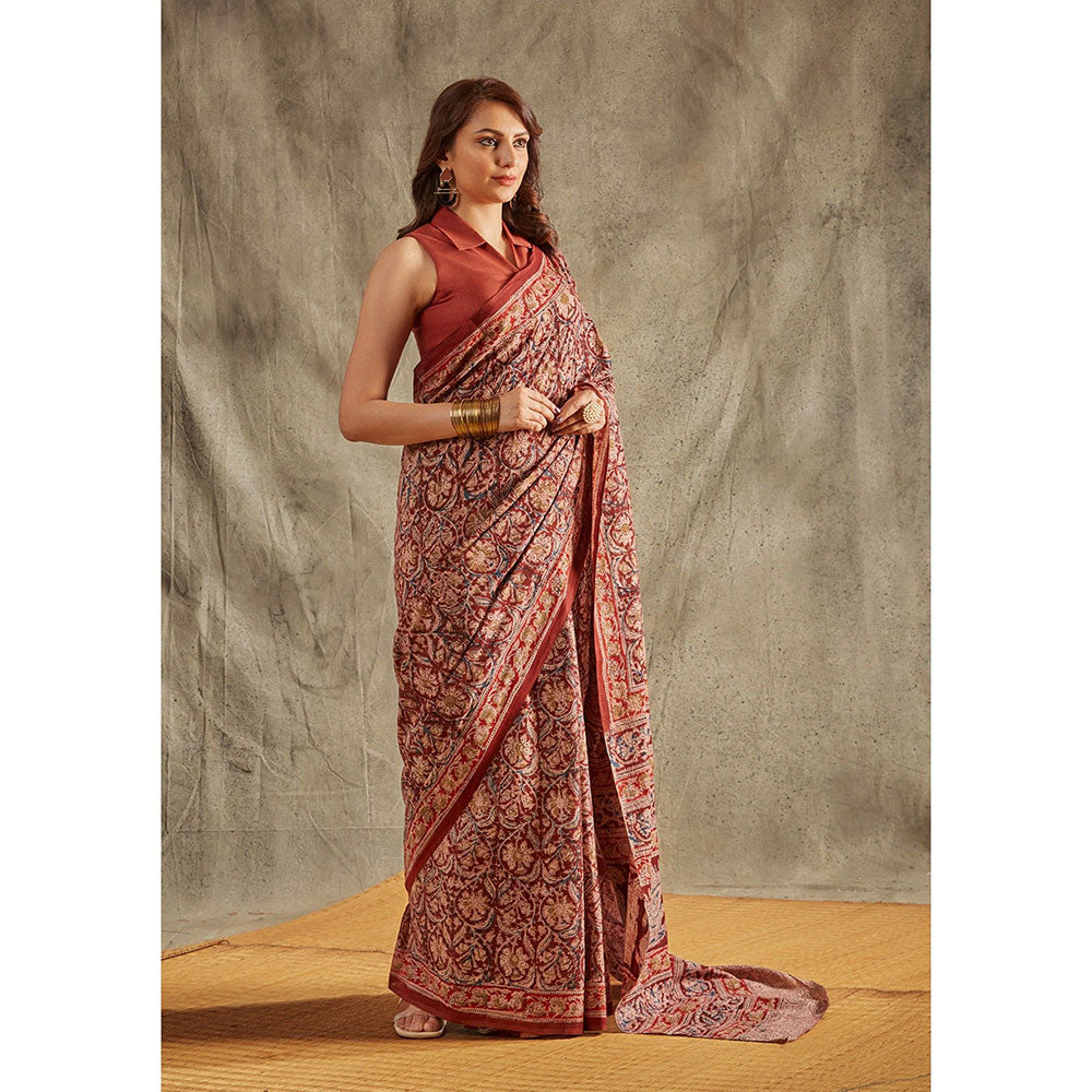 SALWAR STUDIO Maroon Cotton Kalamkari Printed Saree Without Blouse