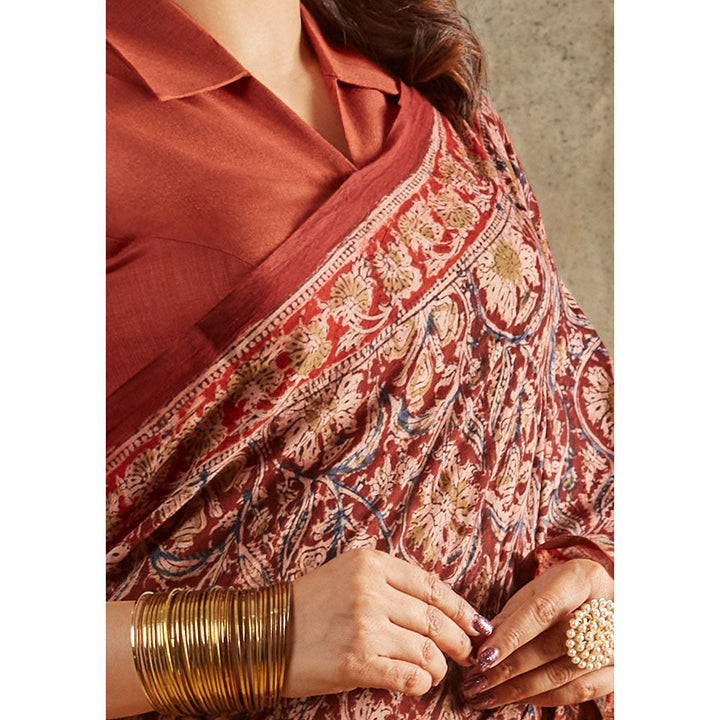 SALWAR STUDIO Maroon Cotton Kalamkari Printed Saree Without Blouse