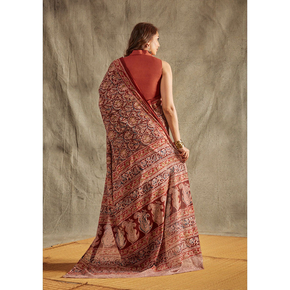 SALWAR STUDIO Maroon Cotton Kalamkari Printed Saree Without Blouse