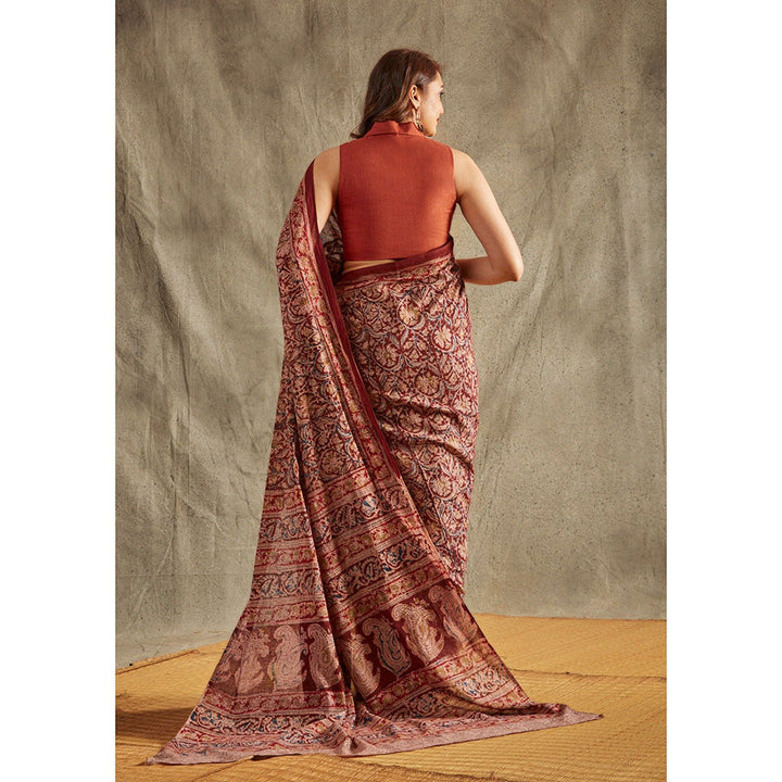 SALWAR STUDIO Maroon Cotton Kalamkari Printed Saree Without Blouse