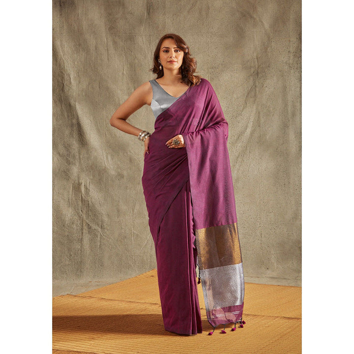 SALWAR STUDIO Purple Cotton Solid Saree Without Blouse