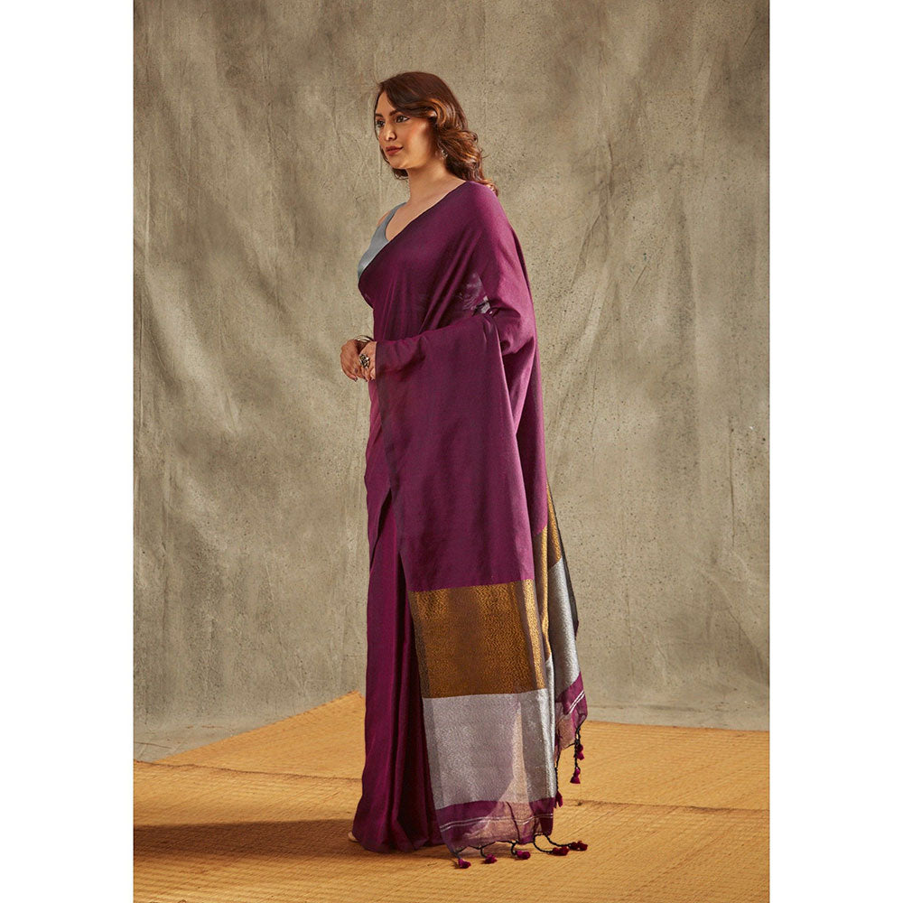 SALWAR STUDIO Purple Cotton Solid Saree Without Blouse