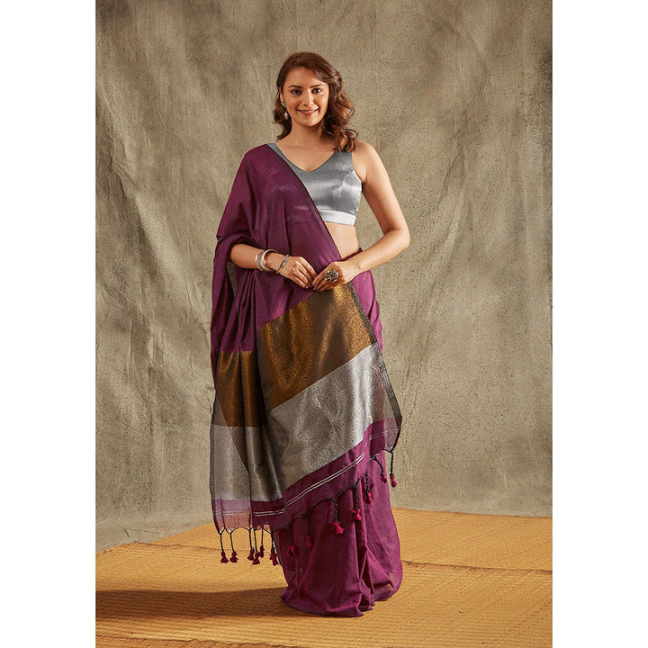 SALWAR STUDIO Purple Cotton Solid Saree Without Blouse