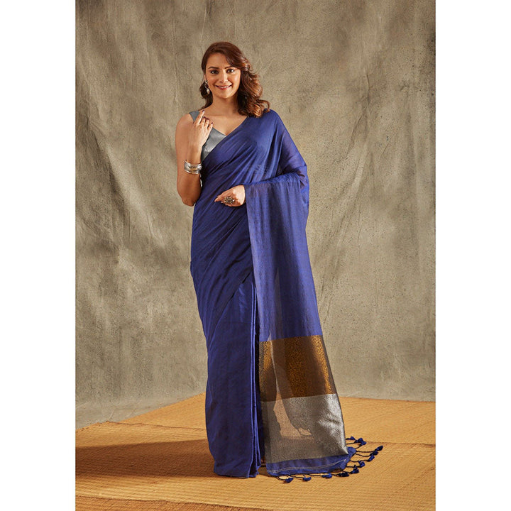 SALWAR STUDIO Navy Blue Cotton Solid Saree Without Blouse