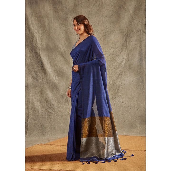 SALWAR STUDIO Navy Blue Cotton Solid Saree Without Blouse