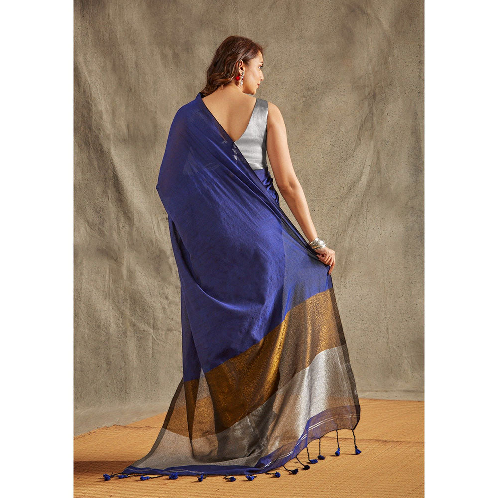 SALWAR STUDIO Navy Blue Cotton Solid Saree Without Blouse