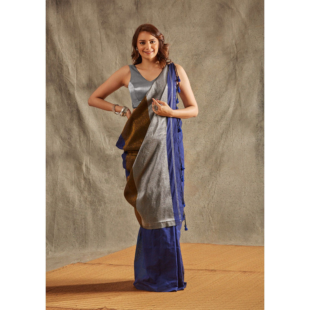 SALWAR STUDIO Navy Blue Cotton Solid Saree Without Blouse