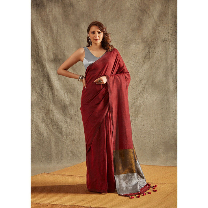 SALWAR STUDIO Maroon Cotton Solid Saree Without Blouse