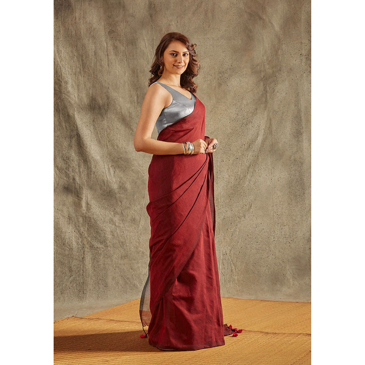 SALWAR STUDIO Maroon Cotton Solid Saree Without Blouse