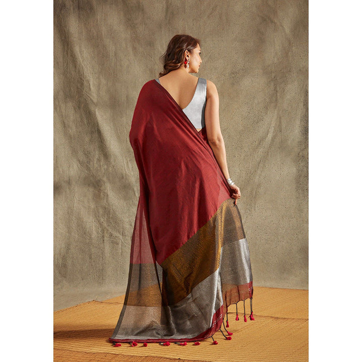 SALWAR STUDIO Maroon Cotton Solid Saree Without Blouse