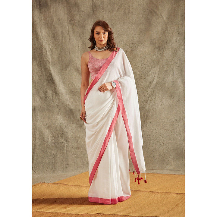 SALWAR STUDIO White and Red Cotton Solid Saree Without Blouse