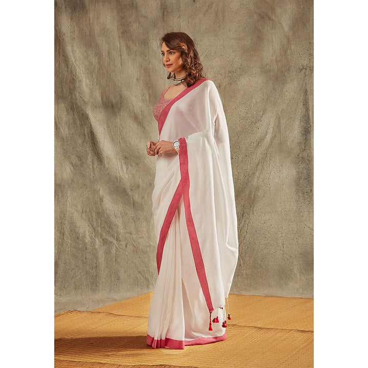 SALWAR STUDIO White and Red Cotton Solid Saree Without Blouse