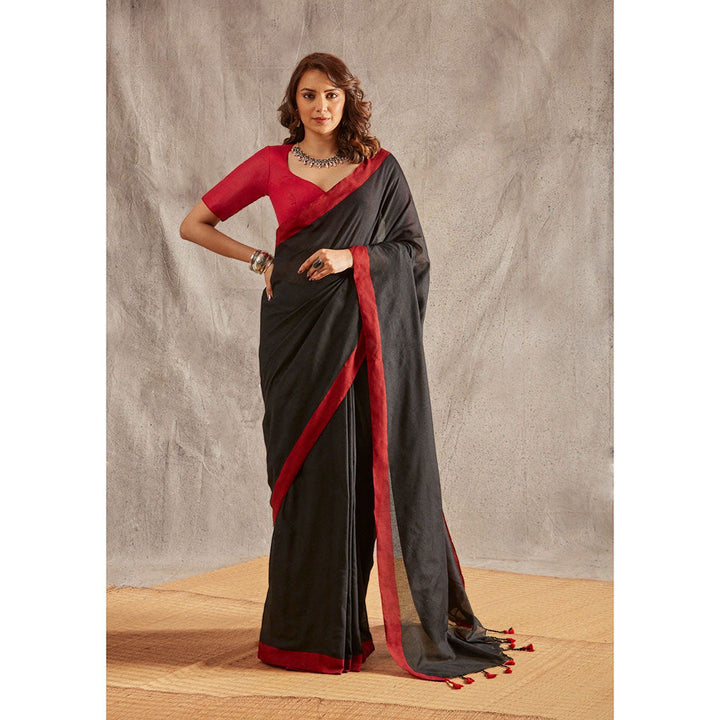 SALWAR STUDIO Black Cotton Handloom Saree Without Blouse