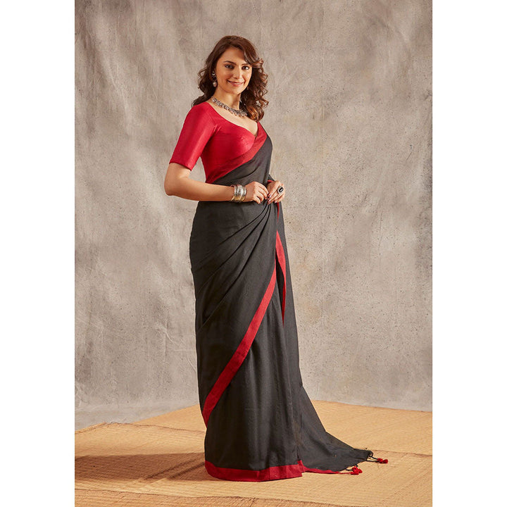 SALWAR STUDIO Black Cotton Handloom Saree Without Blouse