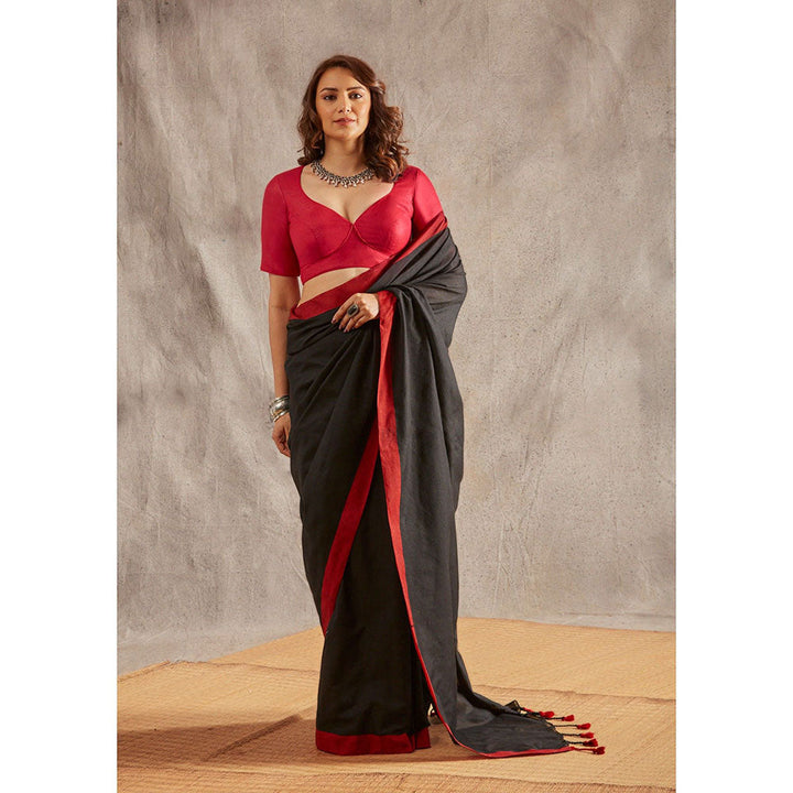 SALWAR STUDIO Black Cotton Handloom Saree Without Blouse