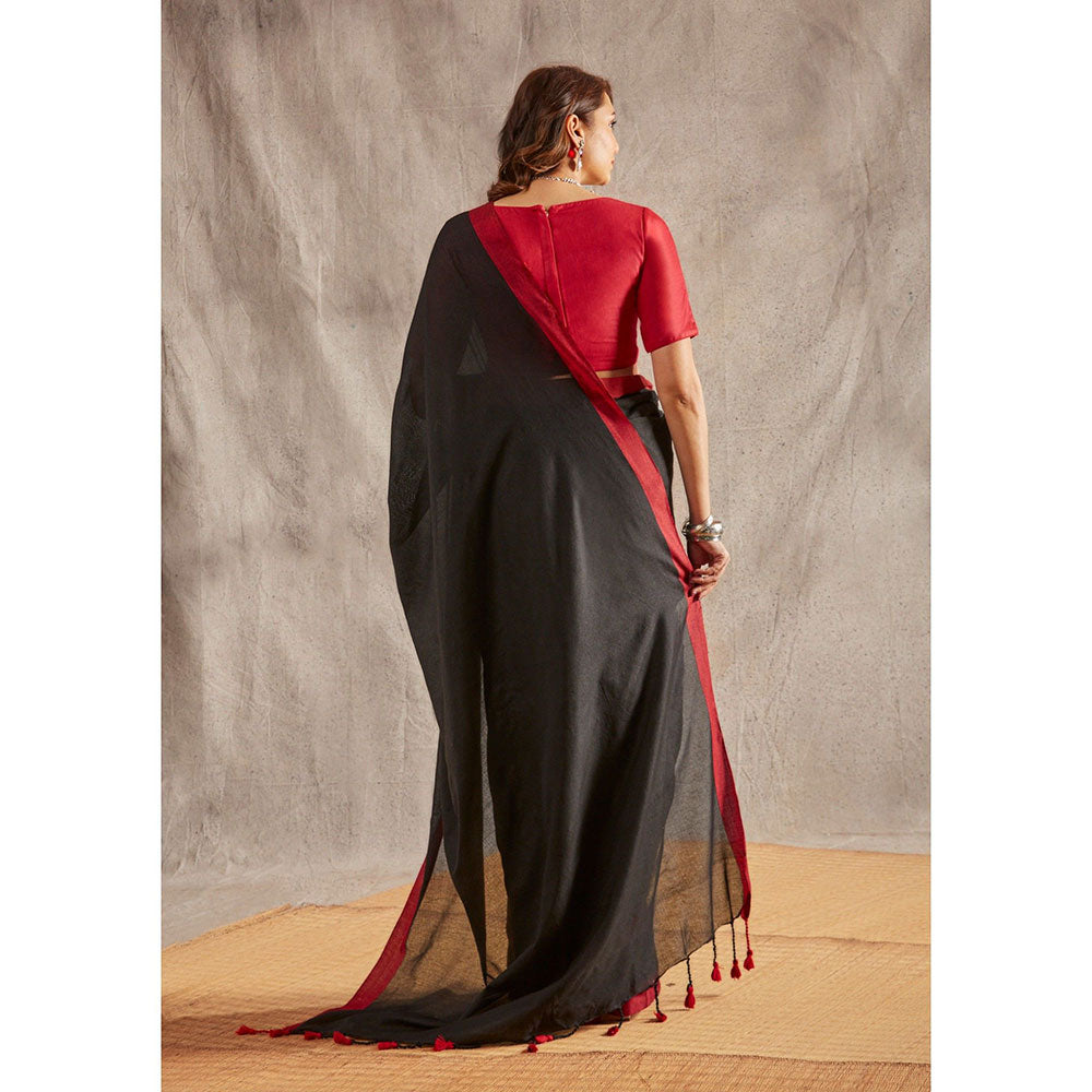 SALWAR STUDIO Black Cotton Handloom Saree Without Blouse