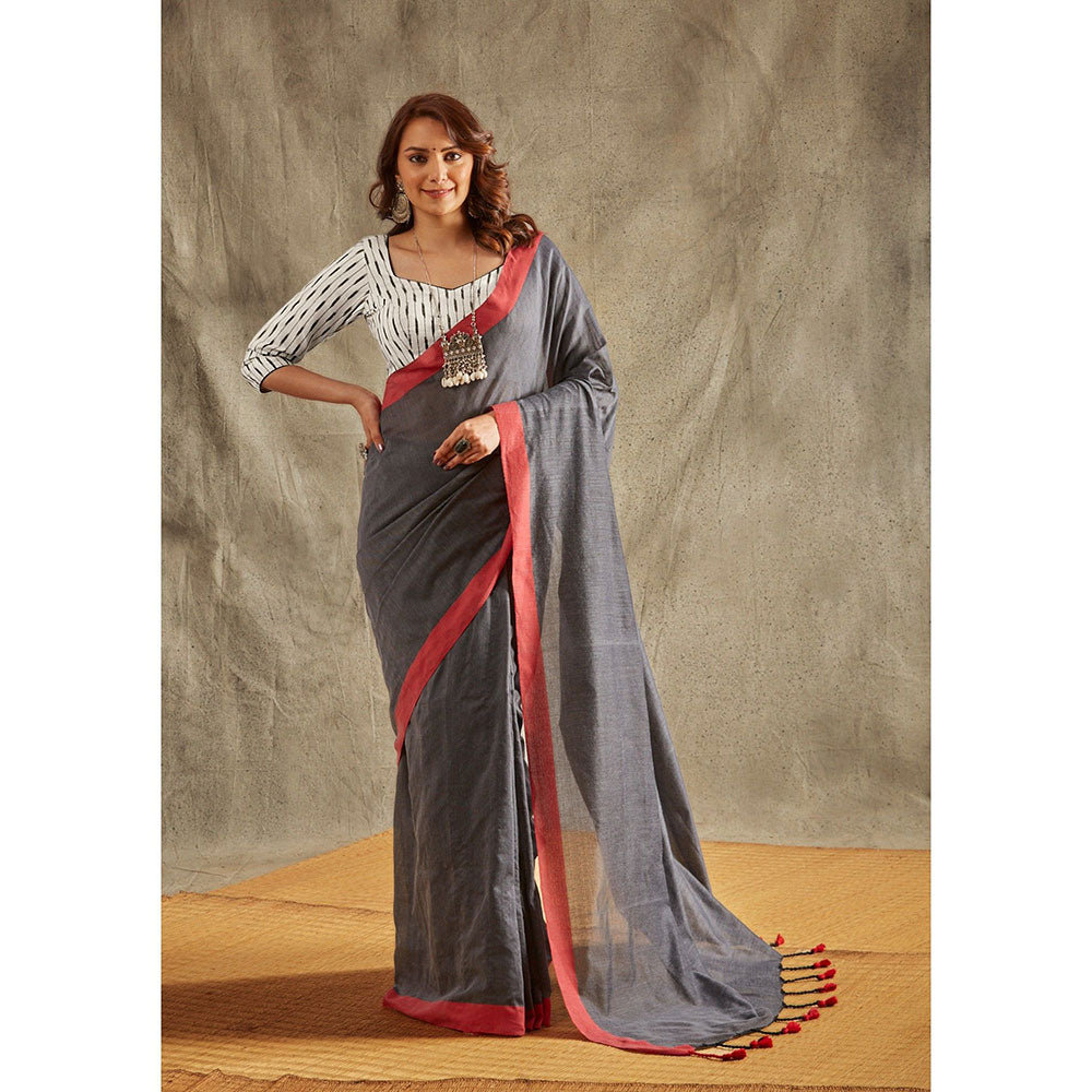 SALWAR STUDIO Grey Solid Cotton Solid Saree Without Blouse